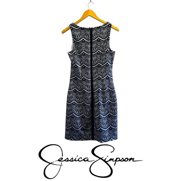 Jessica Simpson Navy Lace on White Sheath Cocktail Formal Dress - Picture 3 of 7
